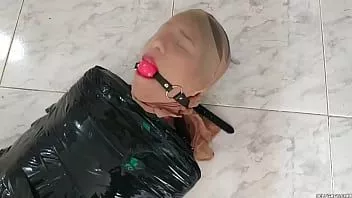 play Duct tape mummified girl pantyhose hooded and ball gagged by sadistic women